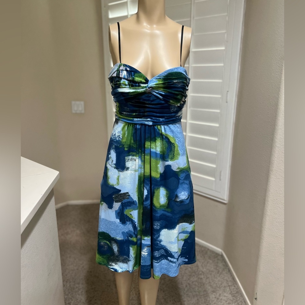 Blue/green abstract watermark print strapless mini dress ruched bust Y2k 10